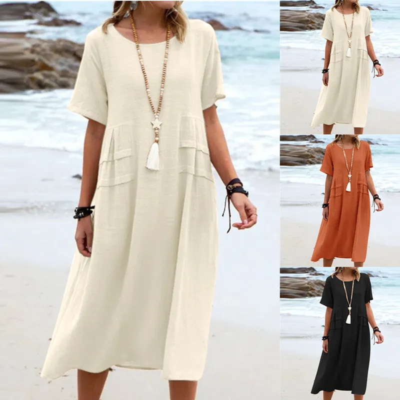 Women’s Summer Loose Casual Midi Dress Breathable Cotton Linen Short-sleeve Mid-length Dresses Women Simple Beach Dress