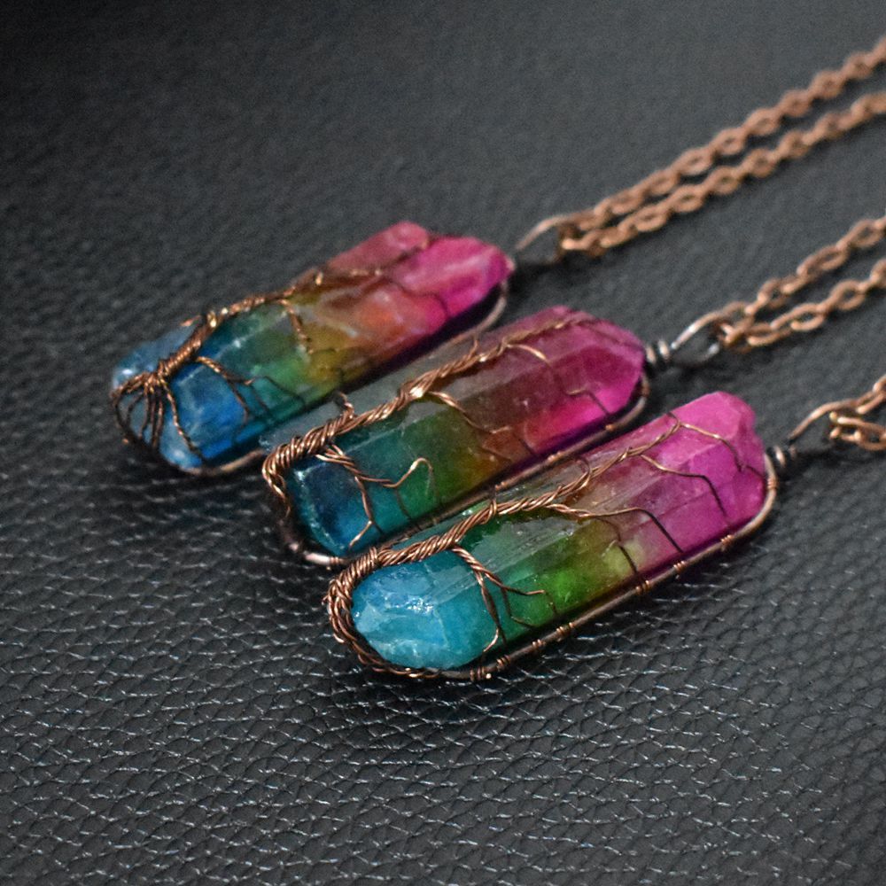 Stone Crystal Pillar Tree Of Life Pendant Ins Fashion Necklace