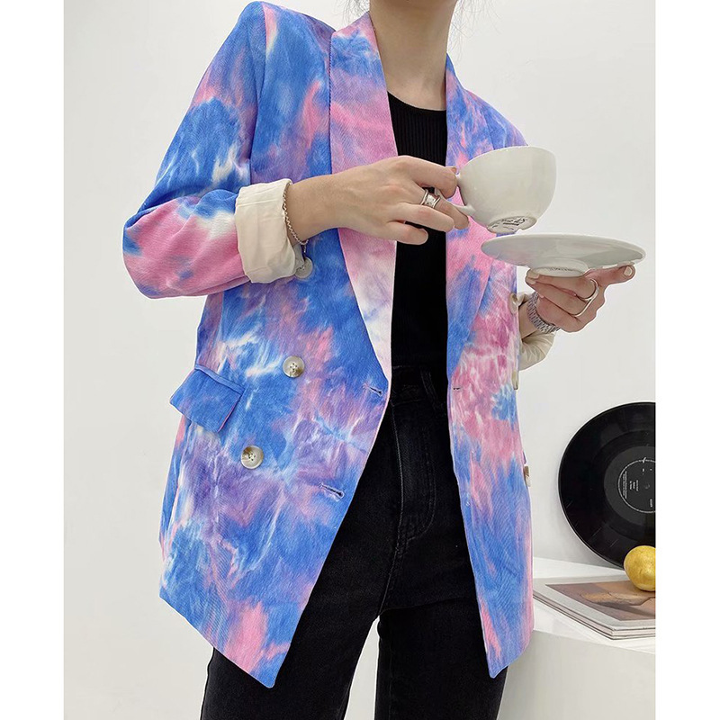 Double-breasted Tie-dye Printed Polyester Suit Jacket