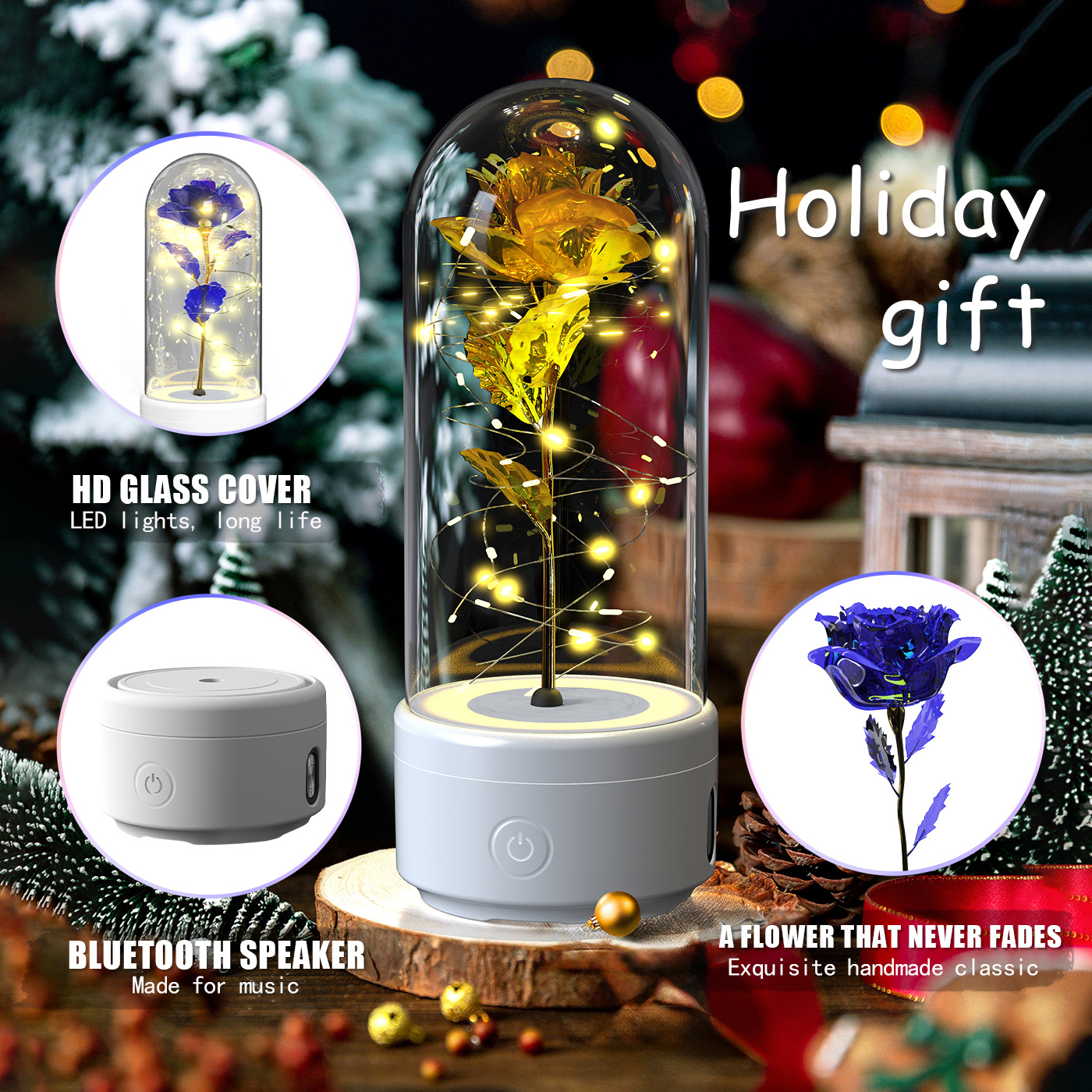 Creative 2 In 1 Rose Flowers LED Light And Bluetooth-compatible Speaker Valentine’s Day Gift Rose Luminous Night Light Ornament In Glass Cover