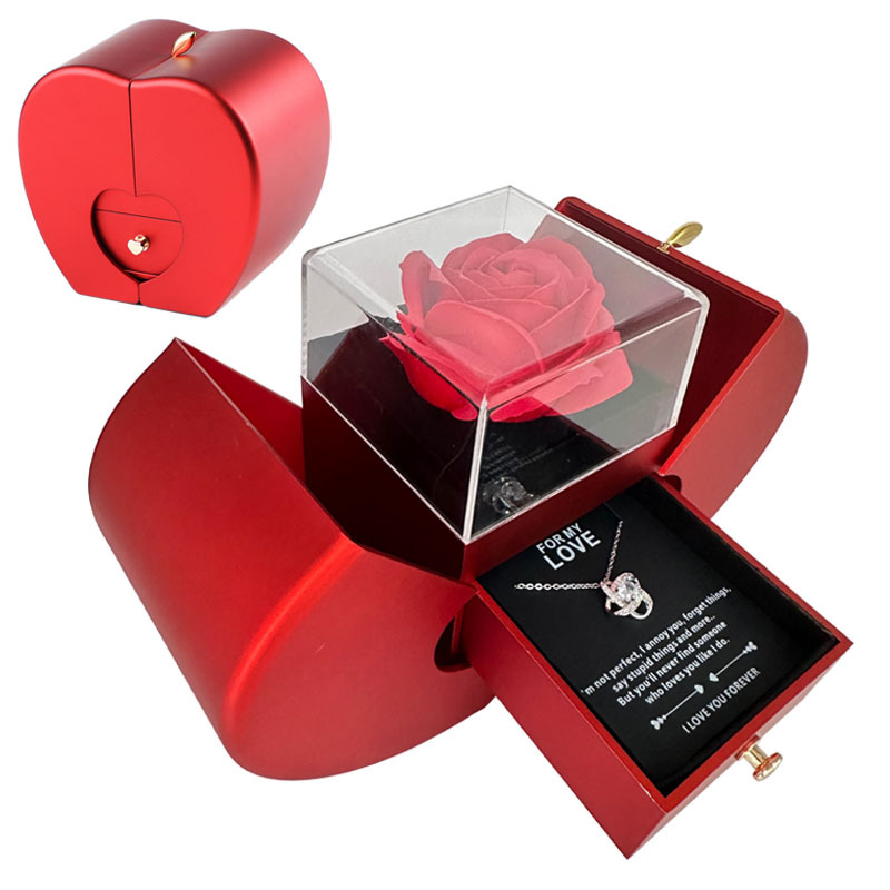 Fashion Jewelry Box Red Apple Christmas Gift Necklace Eternal Rose For Girl Mother’s Day Valentine’s Day Gifts With Artificial Flower Rose Flower Jewelry Box