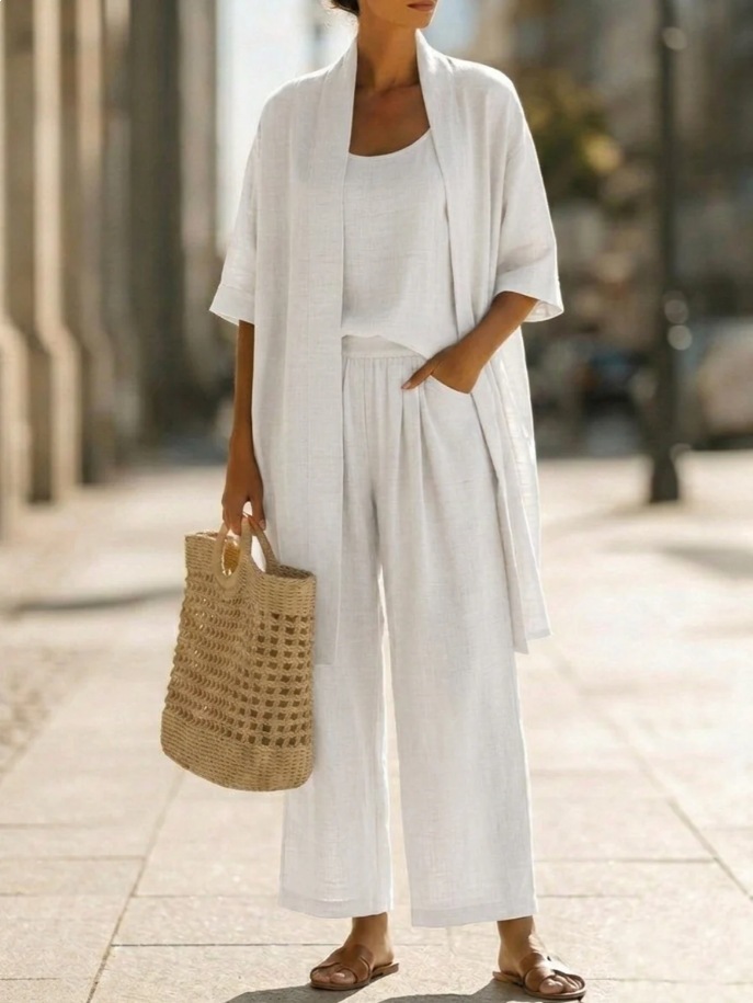 Three-piece Suit Women’s Mid-length Cardigan Tank Top And Straight-leg With Pockets Fashion Trousers Set