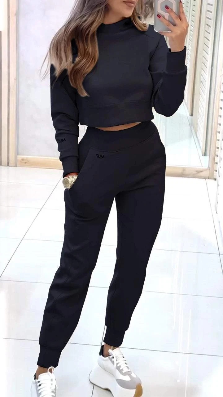 Stand Collar Sports Suit Fashion Pullover Long-sleeves Short Top And Slim Trousers With Pockets Solid Outfits Women’s Clothing