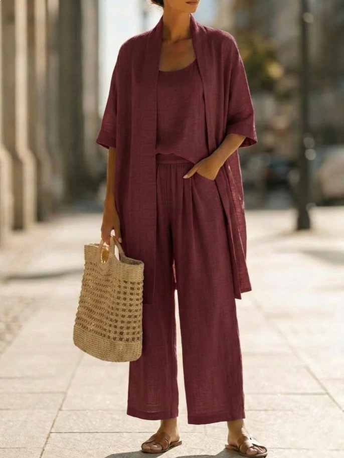 Three-piece Suit Women's Mid-length Cardigan Tank Top And Straight-leg With Pockets Fashion Trousers Set - Image 10