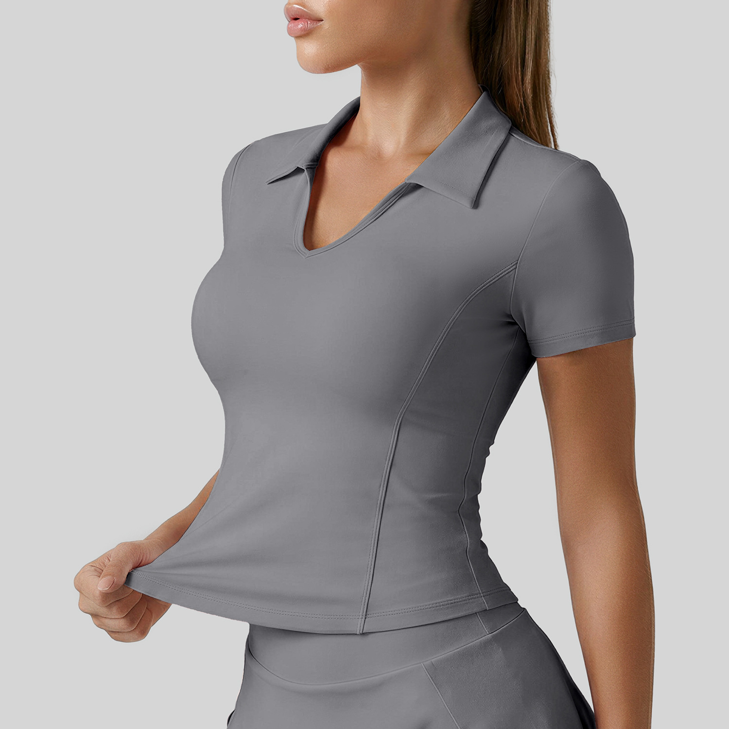 Women’s Solid Color Polo Collar Sports Short-Sleeve T-Shirt, Slim Fit Figure-Flattering Yoga Top