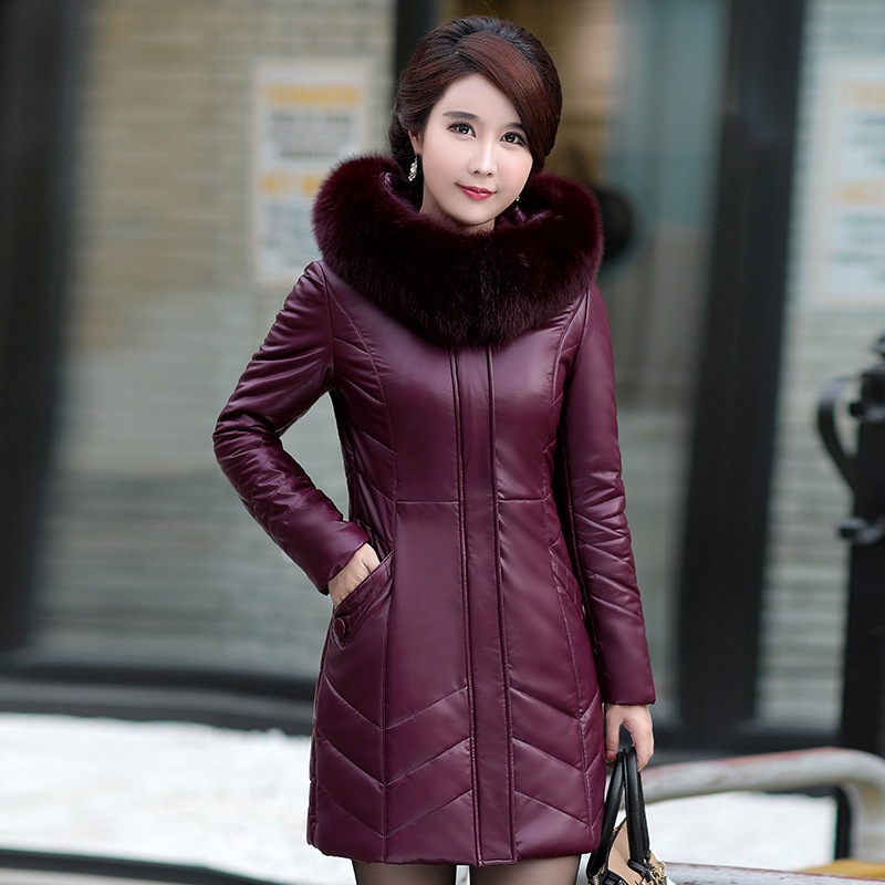 Middle-Aged And Elderly Women’s Leather Casual Mid-Length Cotton Jacket