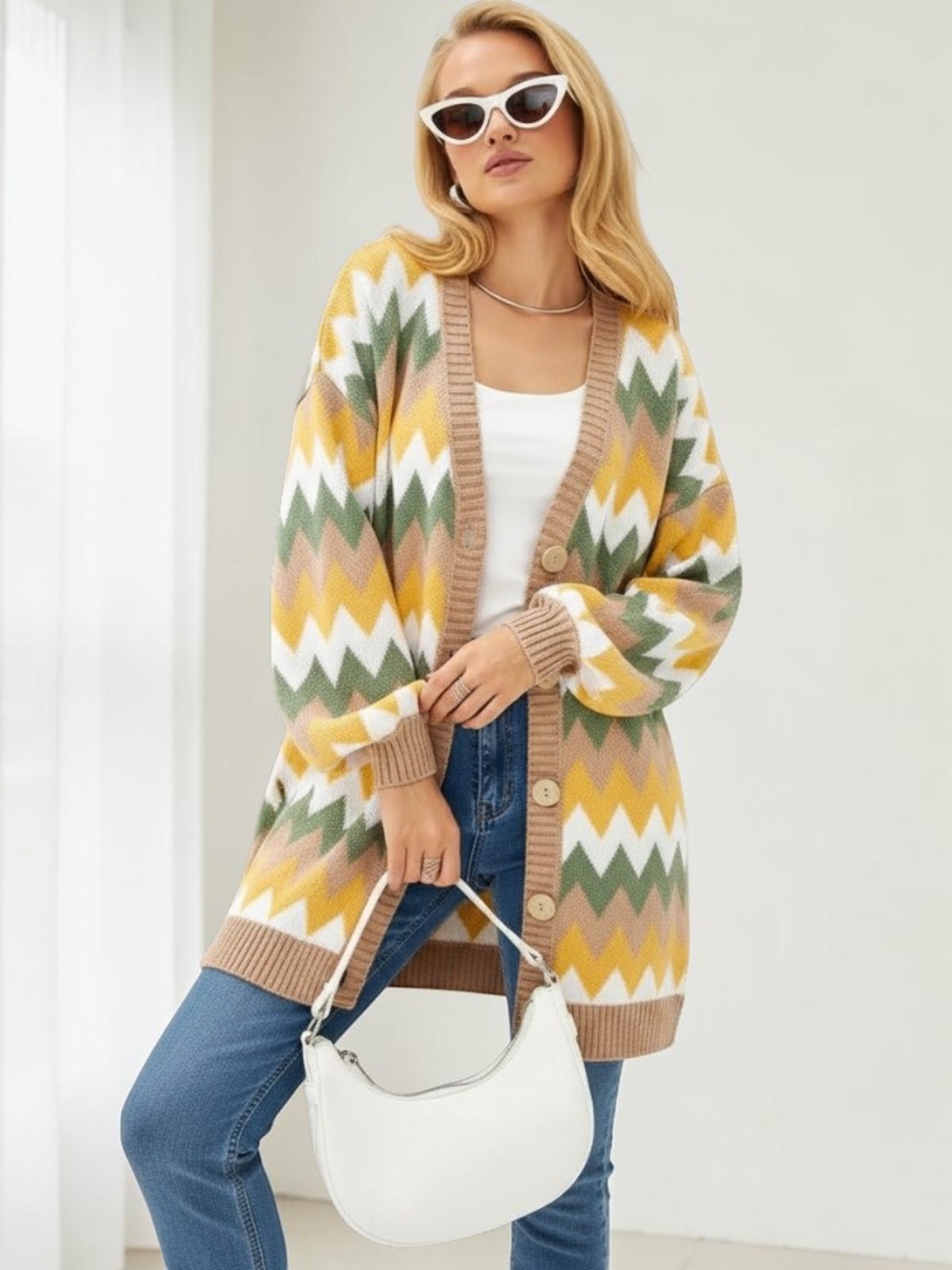 Loose-fitting Color-block Knit Cardigan Jacket - Image 4