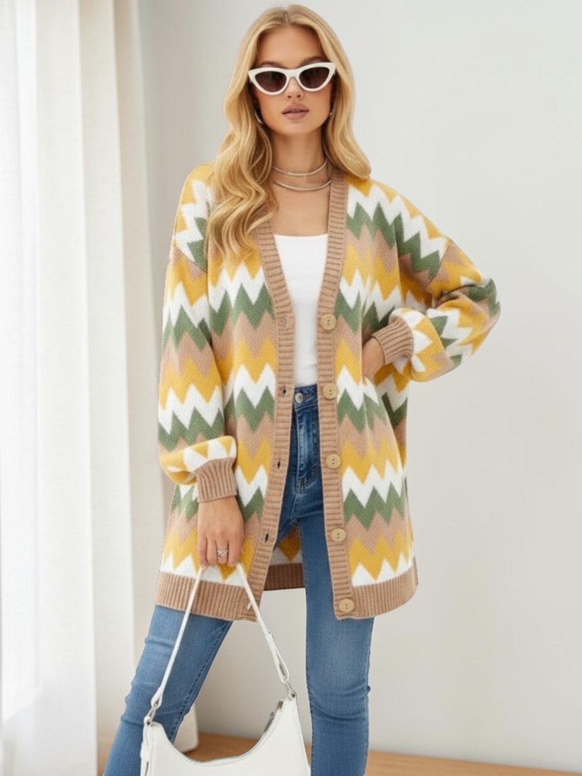Loose-fitting Color-block Knit Cardigan Jacket - Image 3