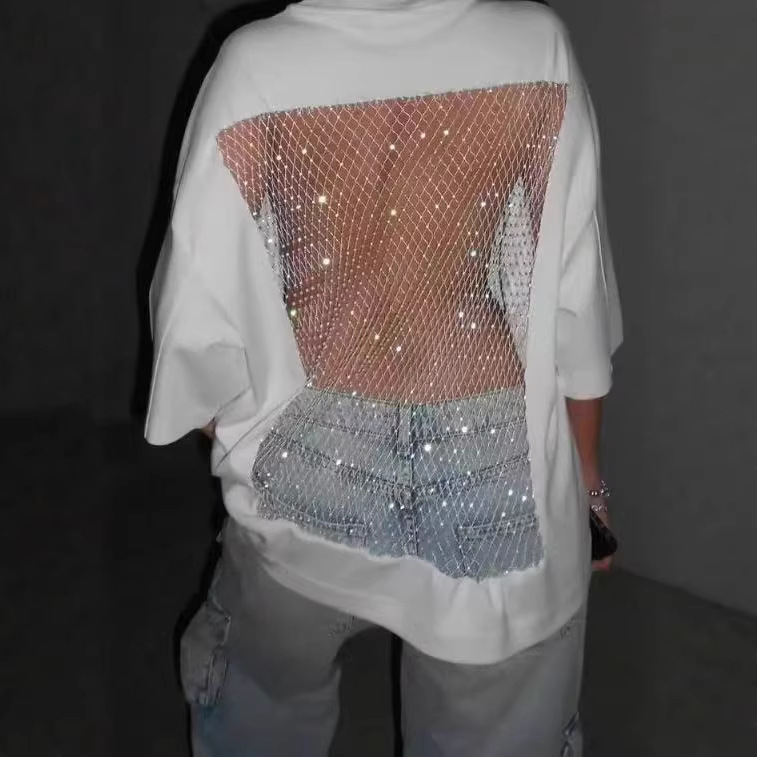 Womens Round-neck Three-quarter-sleeve Hollow-out Top