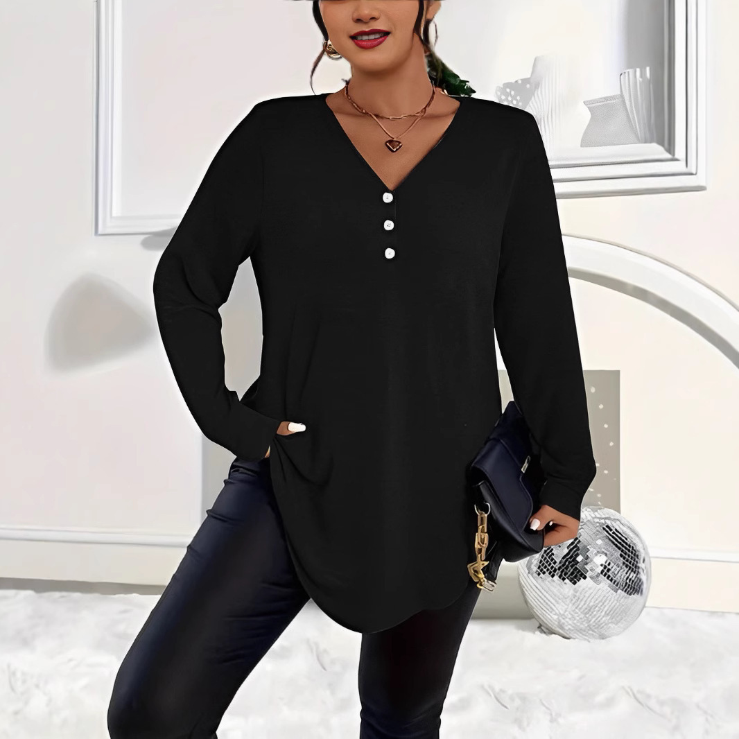 Womens Plus-Size Solid-Color Long-Sleeve Top With Buttons