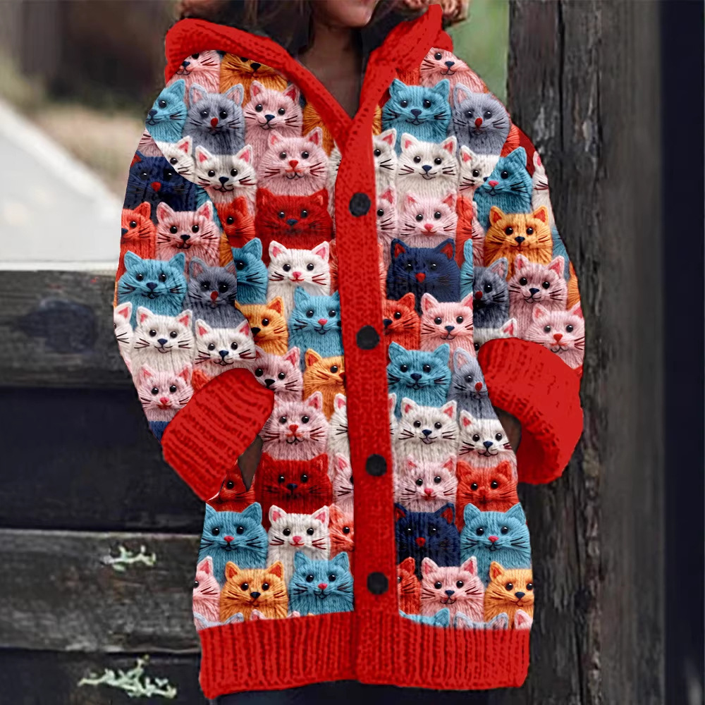 Womens Casual Cat Cape Jacket With Abstract 3D Christmas Print