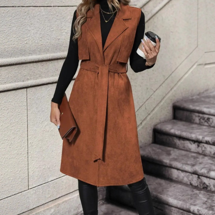 Electric Flip Collar  Buckle Free Waist Belt  Lace Up Long Vest