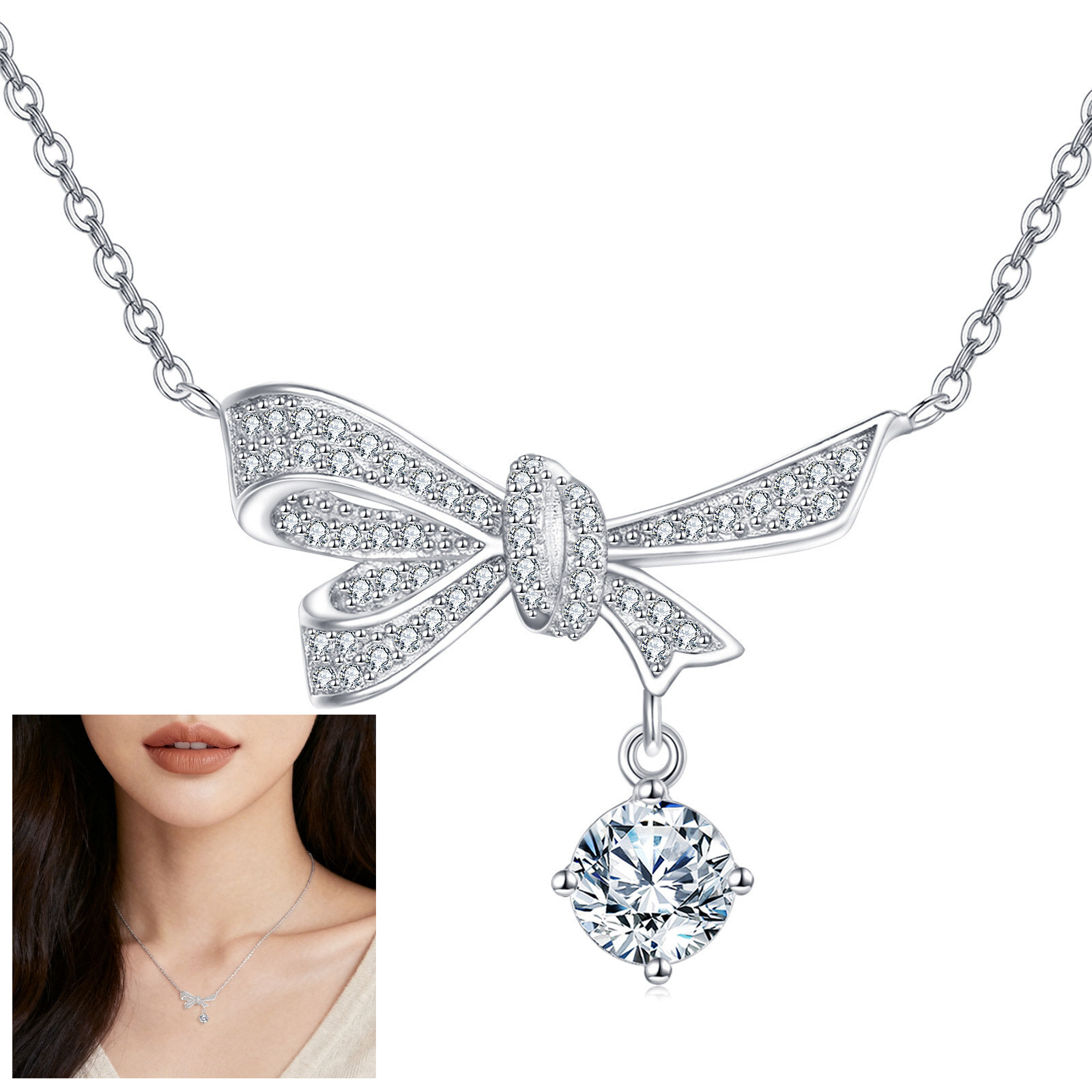 925 Sterling Silver Elegant Silver Bow Necklace With Dangling Moissanite Pendant Sparkling Charm