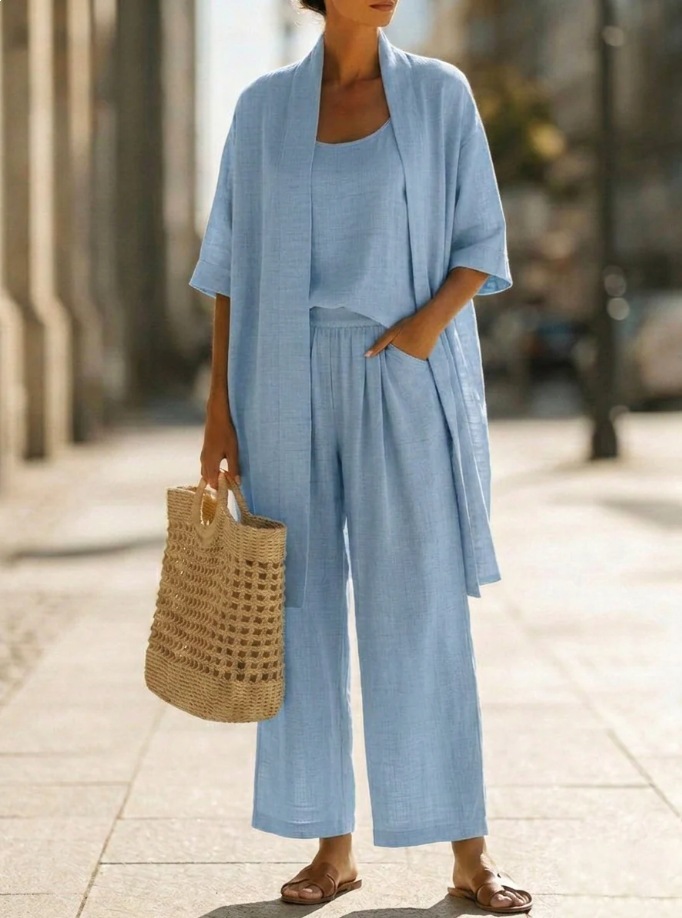 Three-piece Suit Women's Mid-length Cardigan Tank Top And Straight-leg With Pockets Fashion Trousers Set - Image 6