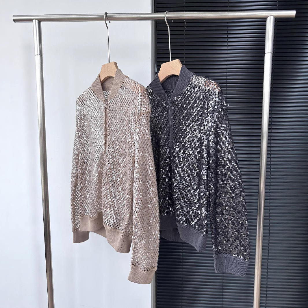 Italian-style Hollow-out Sequin Stand-collar Loose-fit Linen Knit Long-sleeve