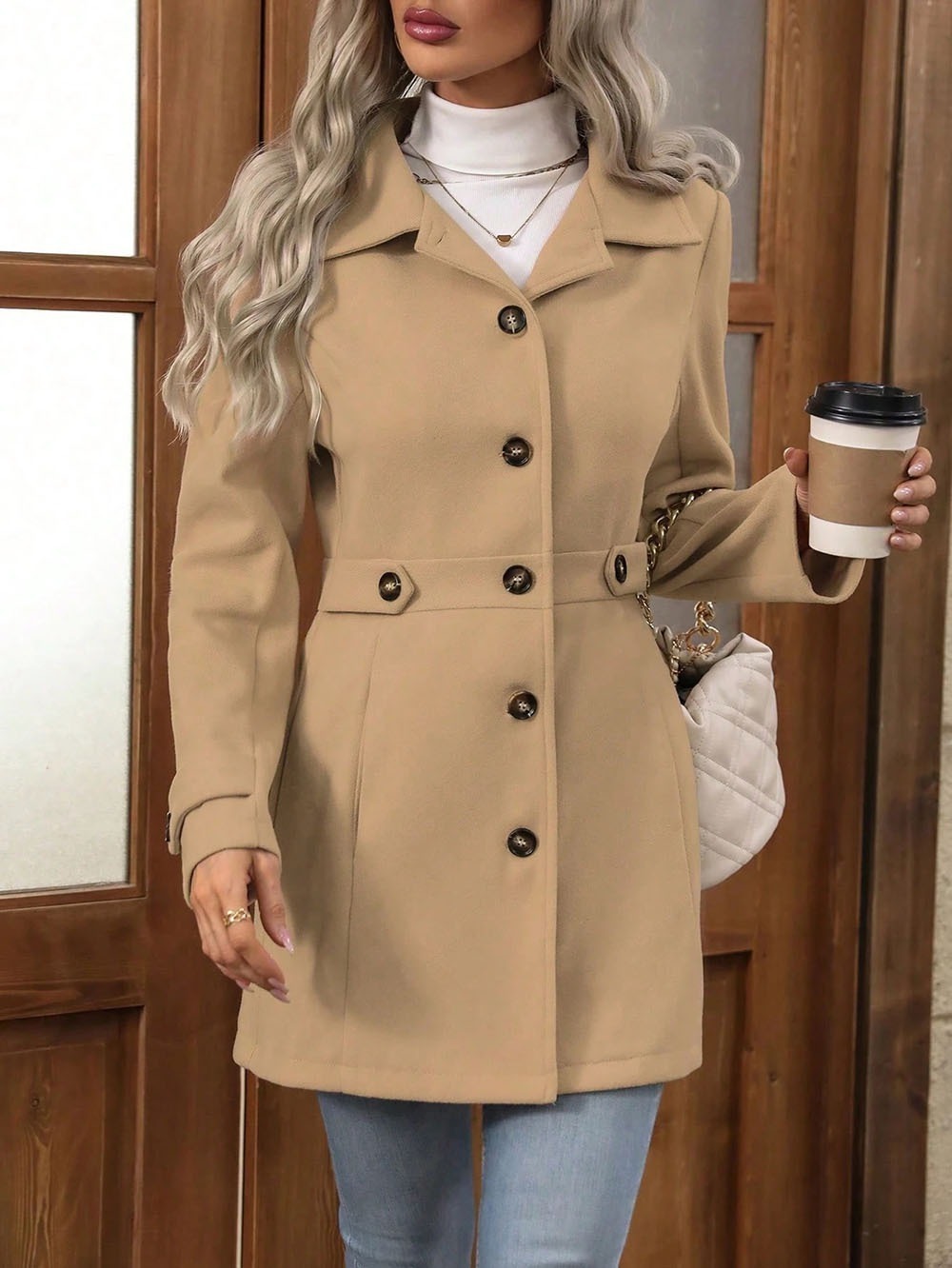 Women’s Solid Color Wool Blend Coat, Fashion Lapel Button Up Casual Elegant Overcoat For Autumn