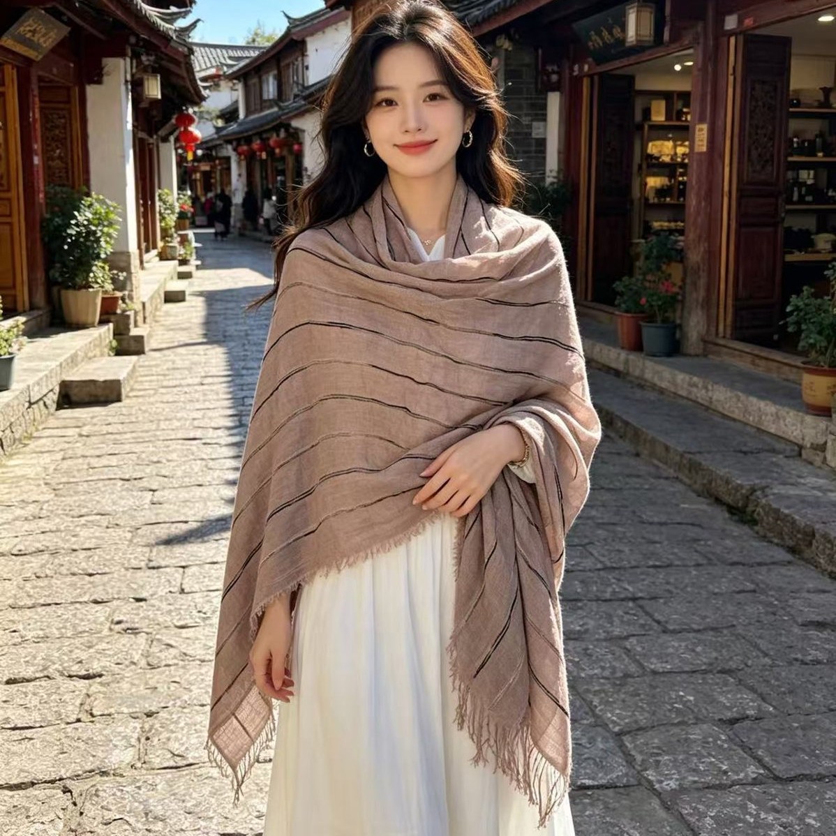 Cotton-linen Striped Shawl - Image 6