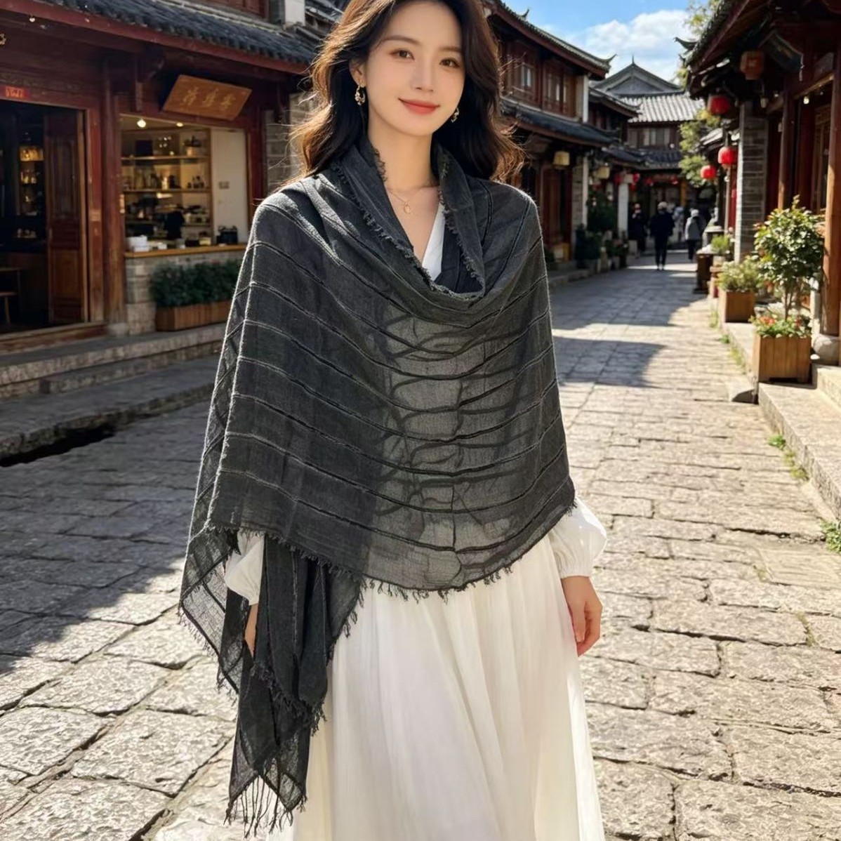 Cotton-linen Striped Shawl - Image 7