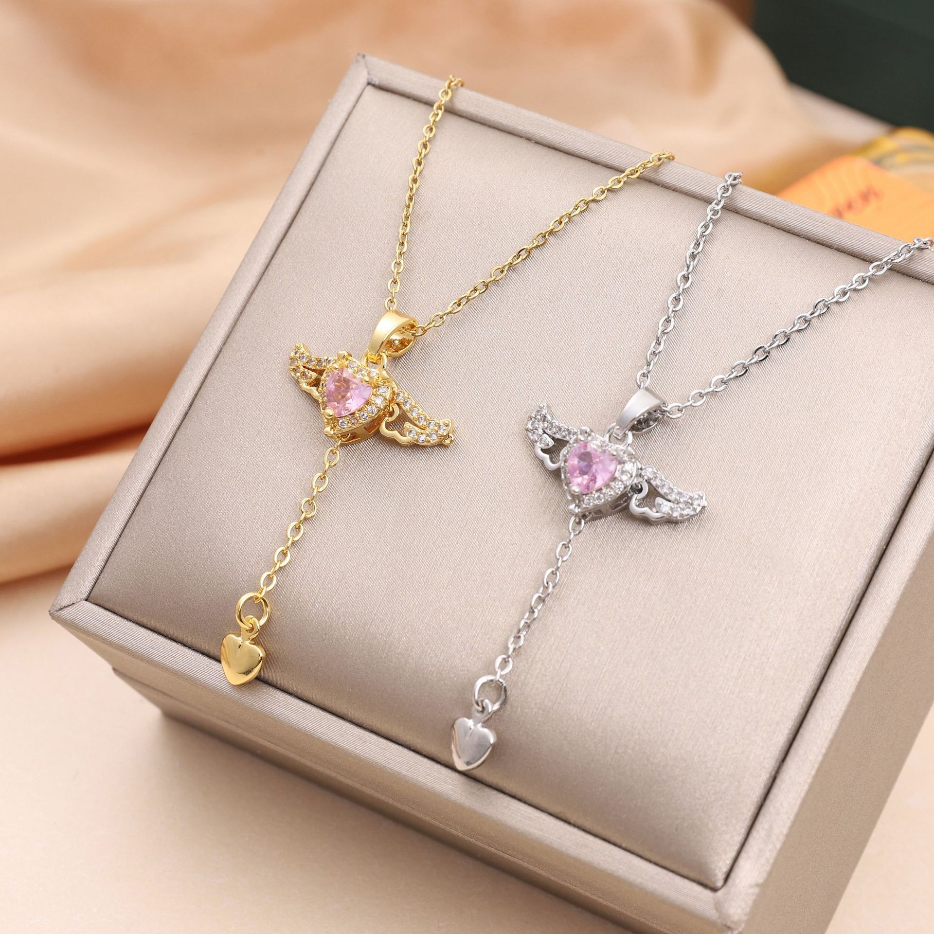 Moving Cupid Heart Angel Wings Tassel Necklace With Crystal Clavicle Chain Women Jewelry Gift Valentine’s Day