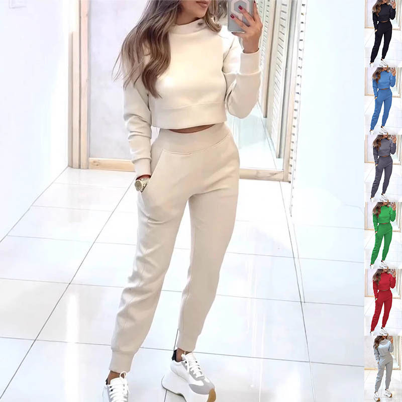 Stand Collar Sports Suit Fashion Pullover Long-sleeves Short Top And Slim Trousers With Pockets Solid Outfits Women’s Clothing