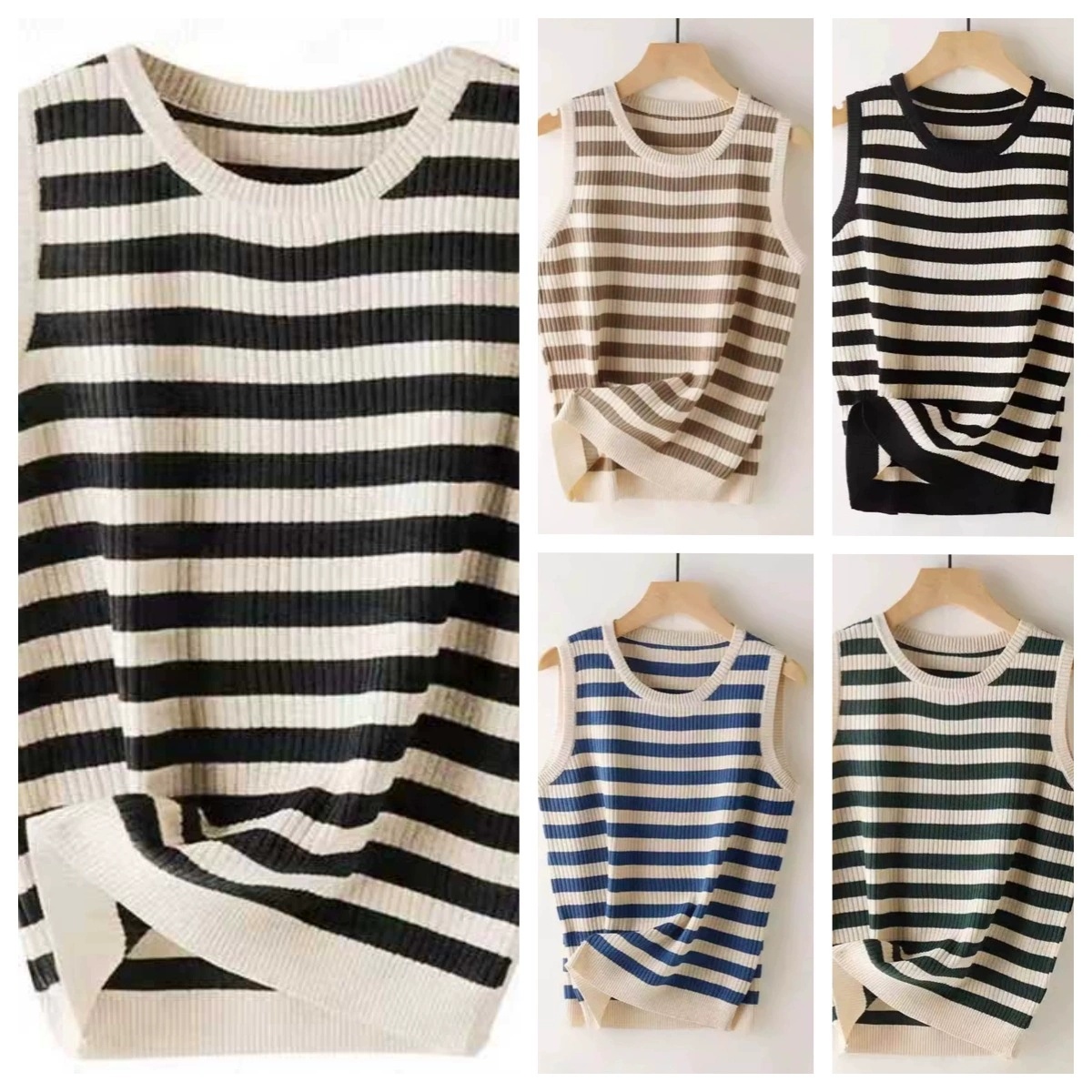 Spring And Summer Striped Knitted Vest For Women With Round Neck And Elastic Sleeveless Stripes, Slim Fit And Slimming, Contrasting Color Inner Top For Women