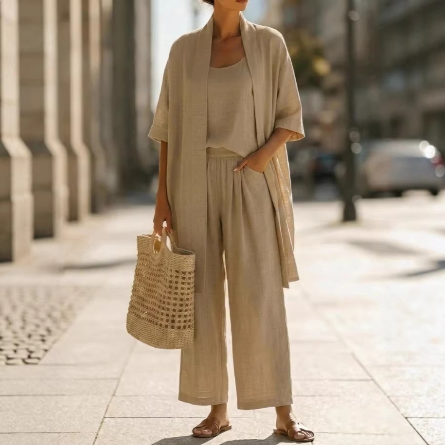 Three-piece Suit Women's Mid-length Cardigan Tank Top And Straight-leg With Pockets Fashion Trousers Set - Image 4