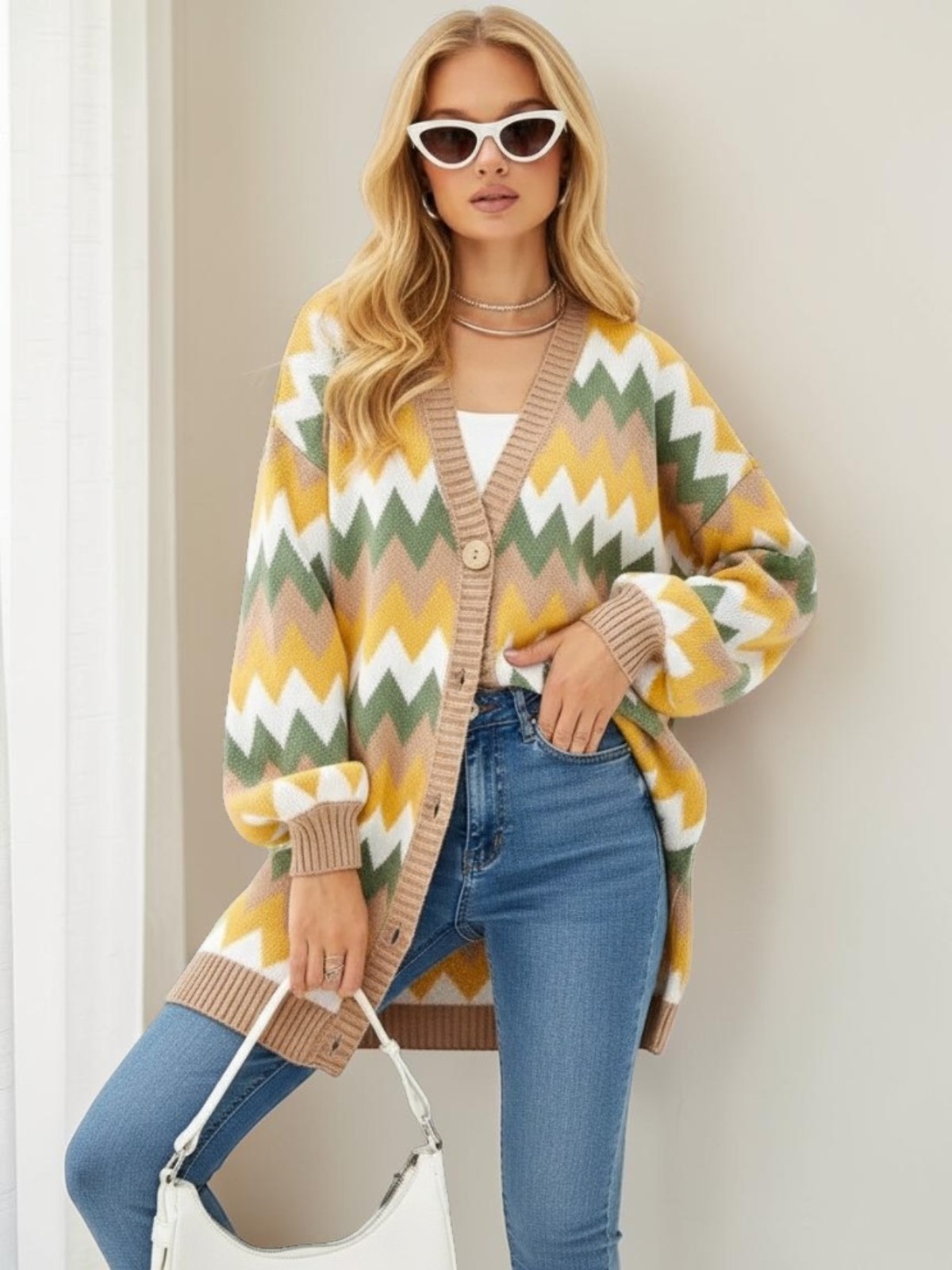 Loose-fitting Color-block Knit Cardigan Jacket - Image 5