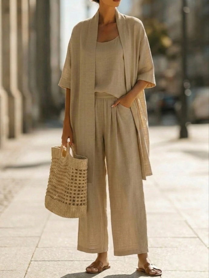 Three-piece Suit Women's Mid-length Cardigan Tank Top And Straight-leg With Pockets Fashion Trousers Set - Image 9