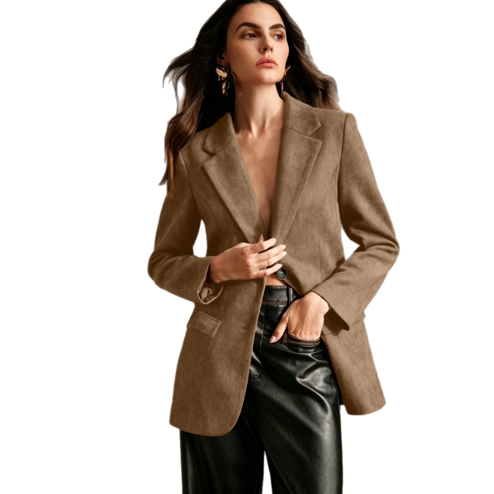 Double-breasted Suede Velvet Blazer With Flap Pockets And Long Sleeves