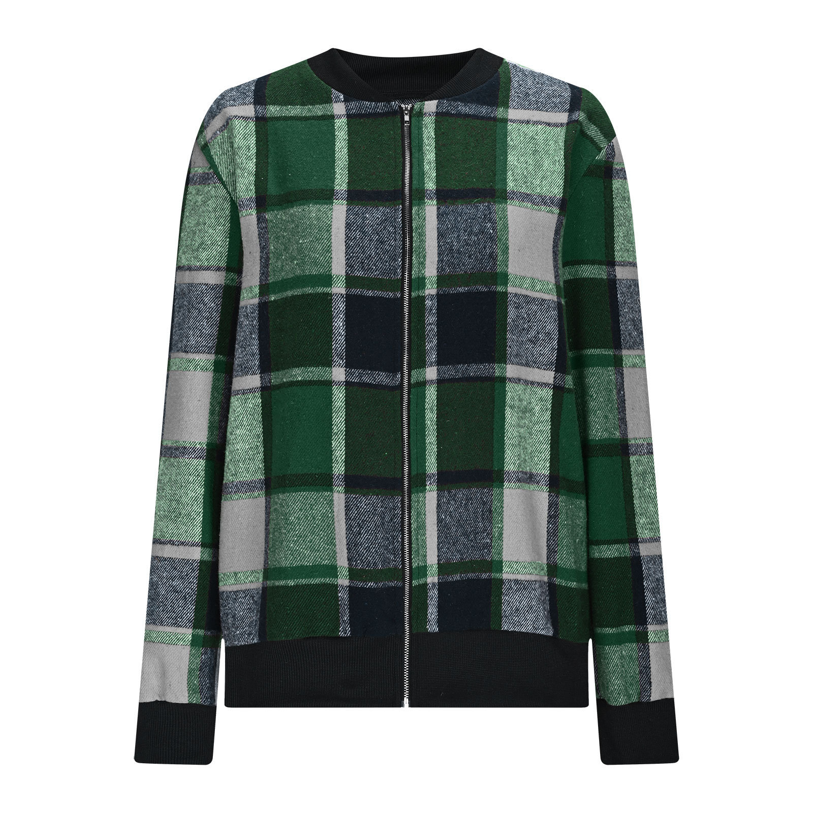 Womens Plaid Printed Long-Sleeve Zip-Up Jacket