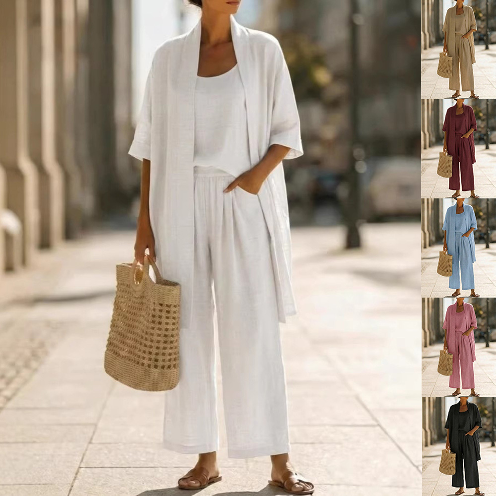 Three-piece Suit Women’s Mid-length Cardigan Tank Top And Straight-leg With Pockets Fashion Trousers Set