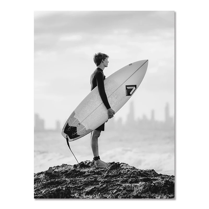 Nordic Modern Black And White Seaside Landscape Holiday Surfing Background Wall Poster Frameless Painting - Image 3