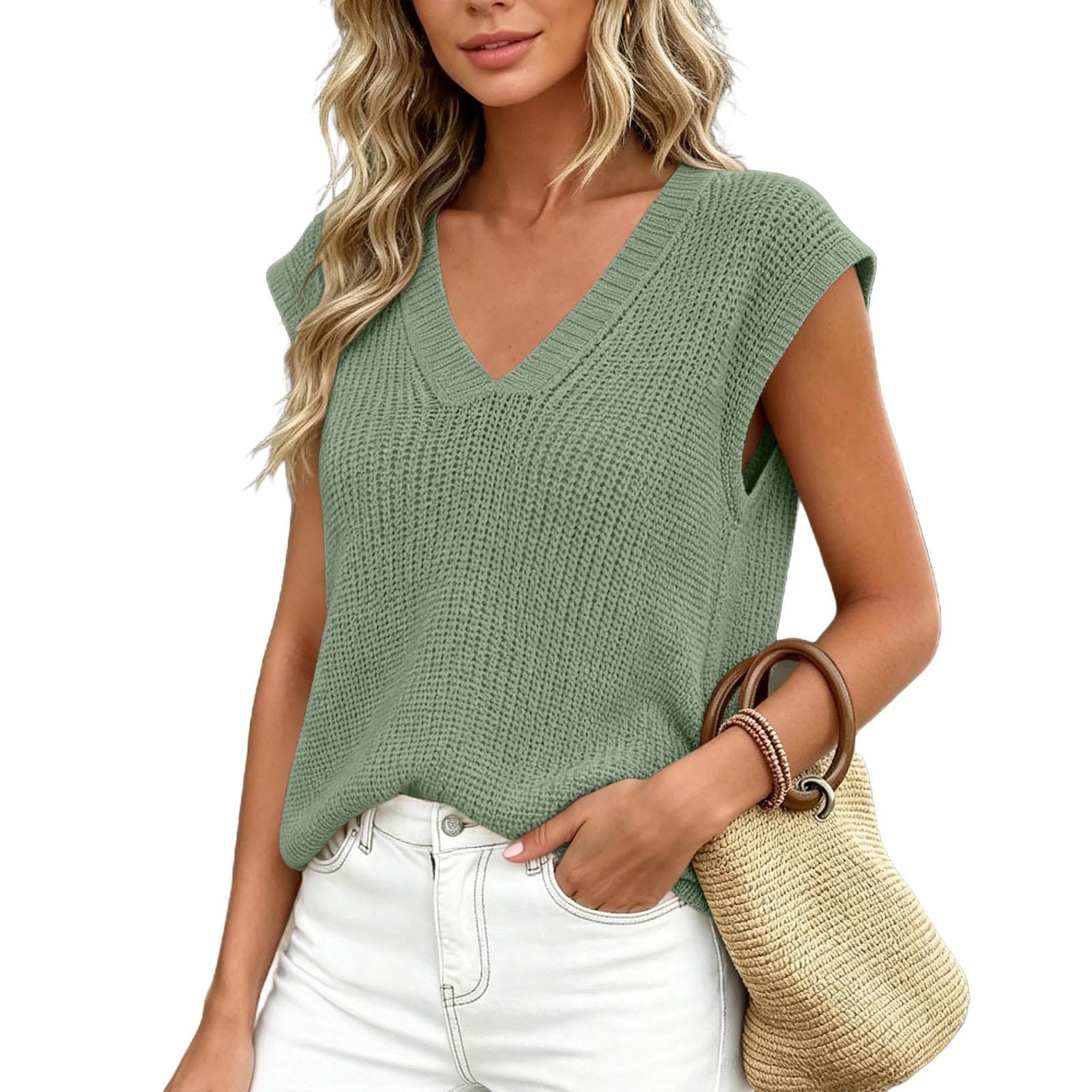 Summer Thin Knit Vest Loose Sleeveless Camisole Top V-neck Sweater Top - Image 6