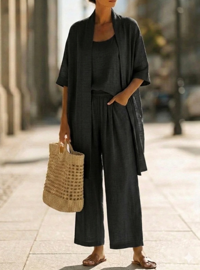 Three-piece Suit Women's Mid-length Cardigan Tank Top And Straight-leg With Pockets Fashion Trousers Set - Image 3