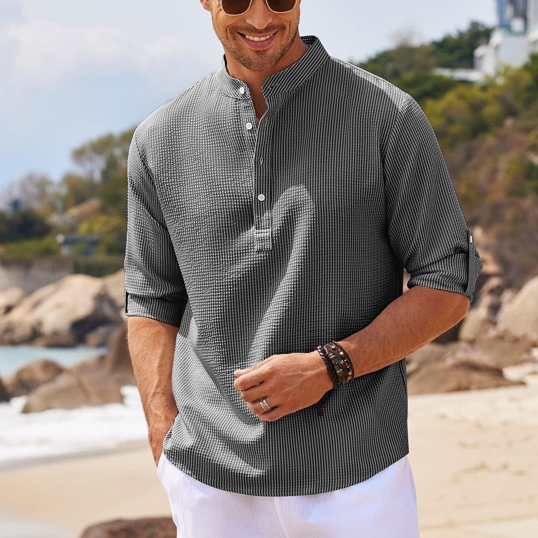 Men’s Casual Shirt  Long Sleeve Stand Collar Solid Color Shirt Mens Clothing