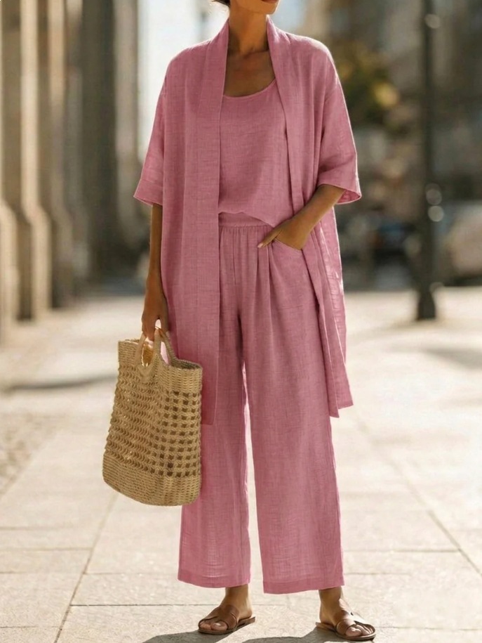 Three-piece Suit Women's Mid-length Cardigan Tank Top And Straight-leg With Pockets Fashion Trousers Set - Image 5