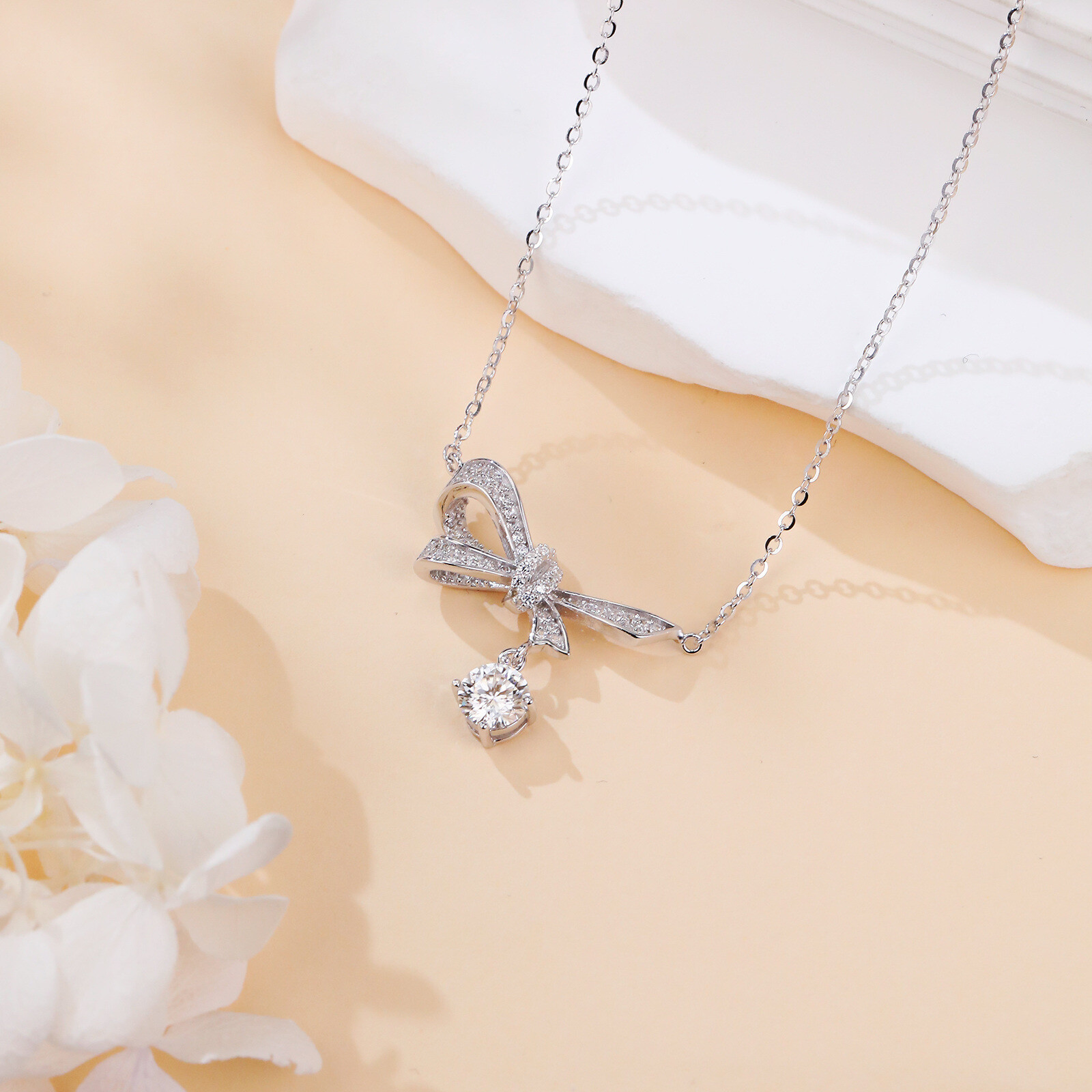 925 Sterling Silver Elegant Silver Bow Necklace With Dangling Moissanite Pendant Sparkling Charm
