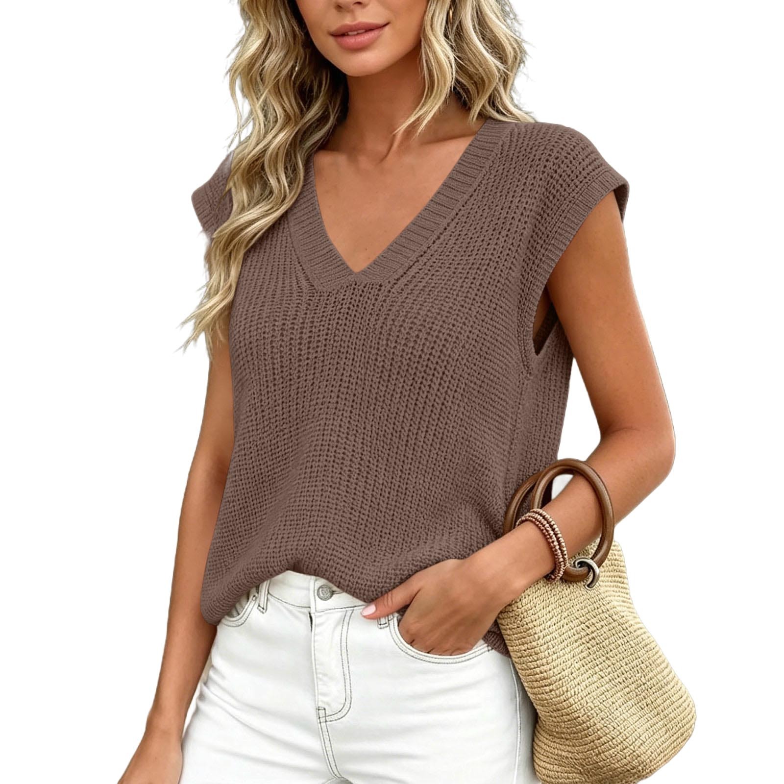Summer Thin Knit Vest Loose Sleeveless Camisole Top V-neck Sweater Top